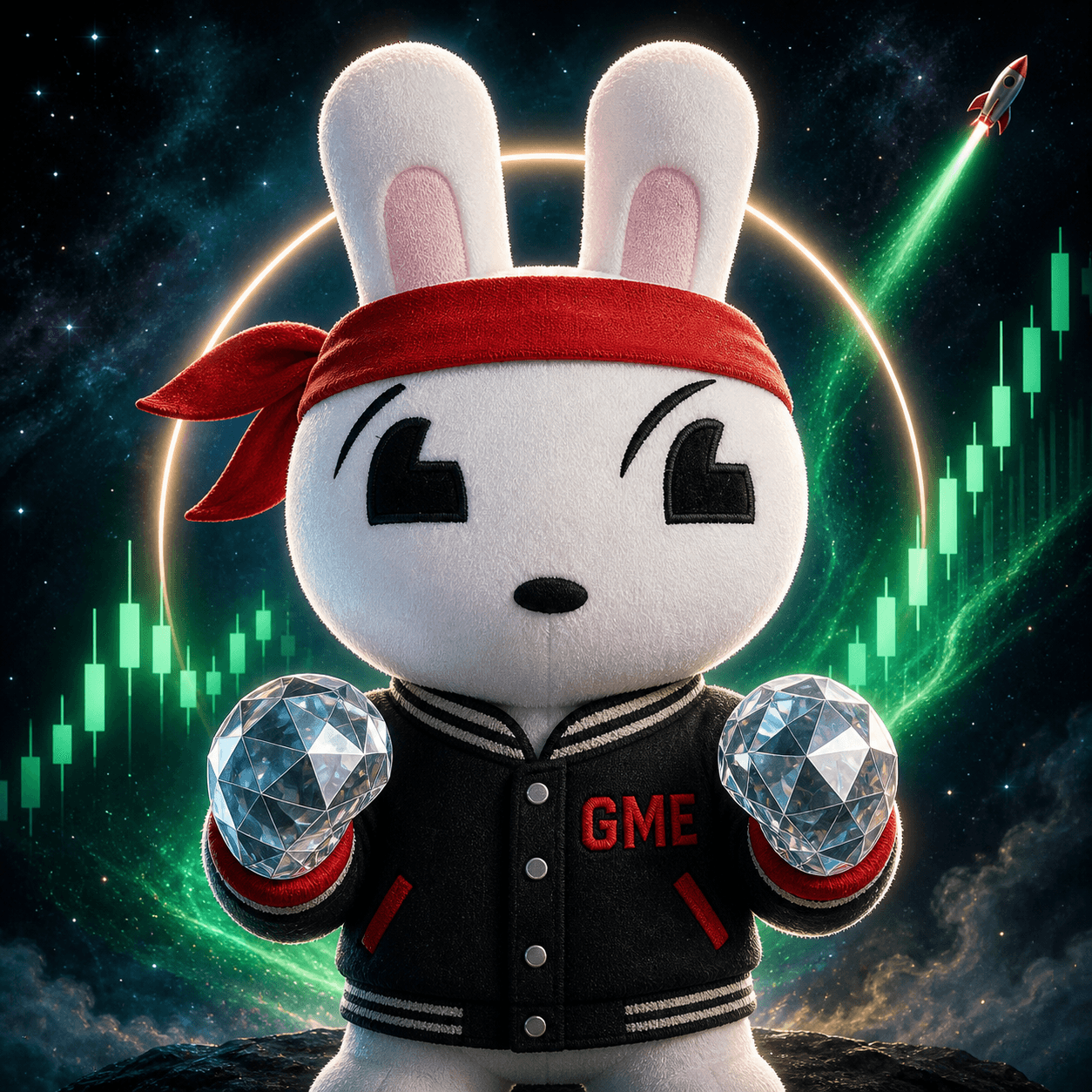 White plush rabbit with a red headband and diamond paws